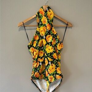 ZARA Yellow and‎ Black Floral Halter Bodysuit NWT Size Medium